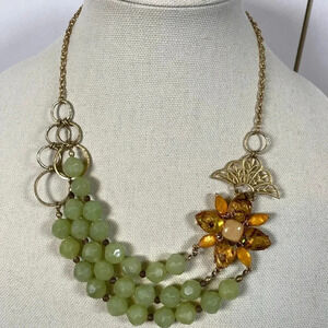 Unique Green and Gold Necklace / amber floral accent